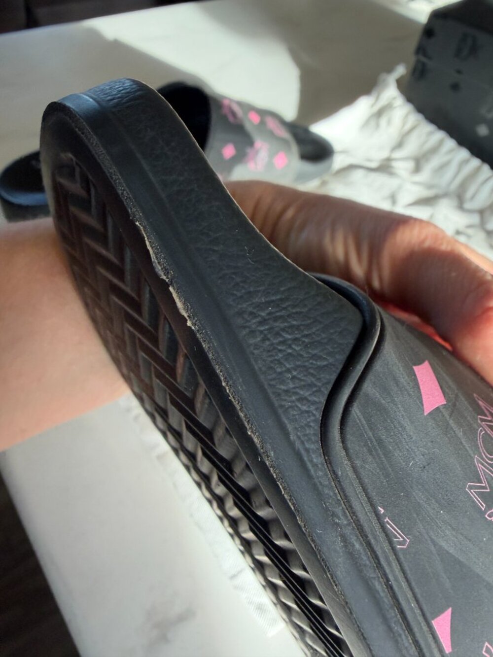 MCM Black Pink Monogram Print Rubber Slides Sandals Great Used Condition w/ Box - Picture 2 of 12